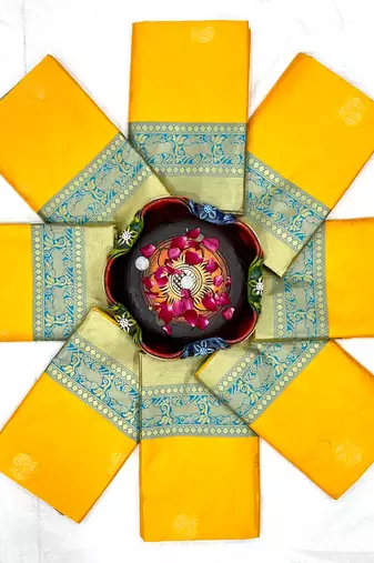 Yellow rama silk blend banarasi saree with unstitched blouse piece