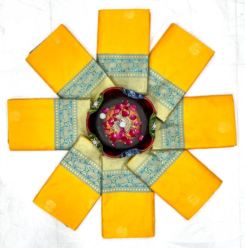 Yellow rama silk blend banarasi saree with unstitched blouse piece