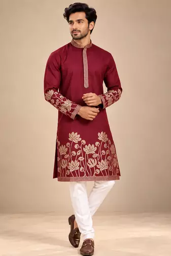 Maroon Color Embroidered Foil Gold Work Design Fabric Soft Silk Mens Ethnic Wear Festival Kurta Pajama Set