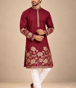 Maroon Color Embroidered Foil Gold Work Design Fabric Soft Silk Mens Ethnic Wear Festival Kurta Pajama Set