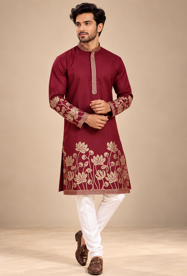 Maroon Color Embroidered Foil Gold Work Design Fabric Soft Silk Mens Ethnic Wear Festival Kurta Pajama Set