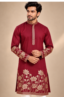 Maroon Color Embroidered Foil Gold Work Design Fabric Soft Silk Mens Ethnic Wear Festival Kurta Pajama Set 2