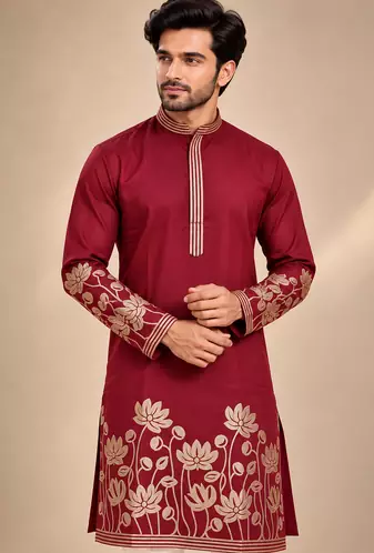 Maroon Color Embroidered Foil Gold Work Design Fabric Soft Silk Mens Ethnic Wear Festival Kurta Pajama Set