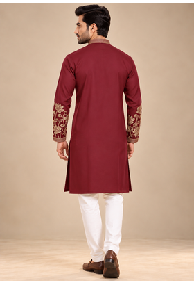 Maroon Color Embroidered Foil Gold Work Design Fabric Soft Silk Mens Ethnic Wear Festival Kurta Pajama Set 3