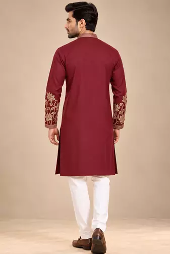 Maroon Color Embroidered Foil Gold Work Design Fabric Soft Silk Mens Ethnic Wear Festival Kurta Pajama Set