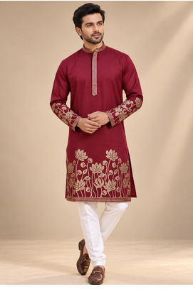 Maroon Color Embroidered Foil Gold Work Design Fabric Soft Silk Mens Ethnic Wear Festival Kurta Pajama Set 4