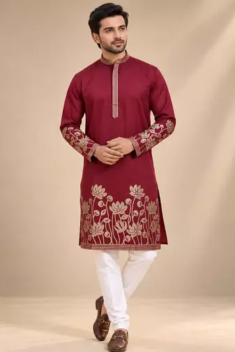 Maroon Color Embroidered Foil Gold Work Design Fabric Soft Silk Mens Ethnic Wear Festival Kurta Pajama Set