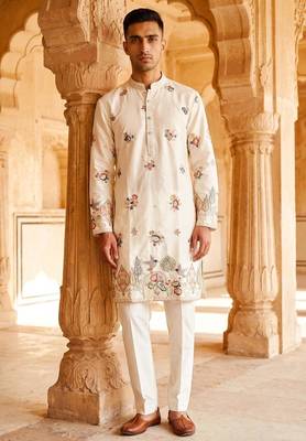 Cream embroidered kurta pajama with handwork in pure lachaka fabric 1
