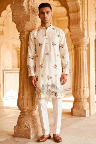 Cream embroidered kurta pajama with handwork in pure lachaka fabric