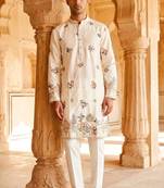 Cream embroidered kurta pajama with handwork in pure lachaka fabric
