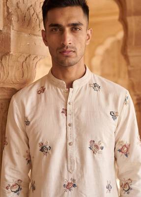 Cream embroidered kurta pajama with handwork in pure lachaka fabric 2