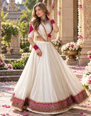 White Silk Blend Readymade Navratri Lehenga Choli Embroidery & Sequence Work 1