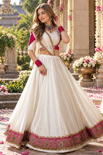 White Silk Blend Readymade Navratri Lehenga Choli Embroidery & Sequence Work