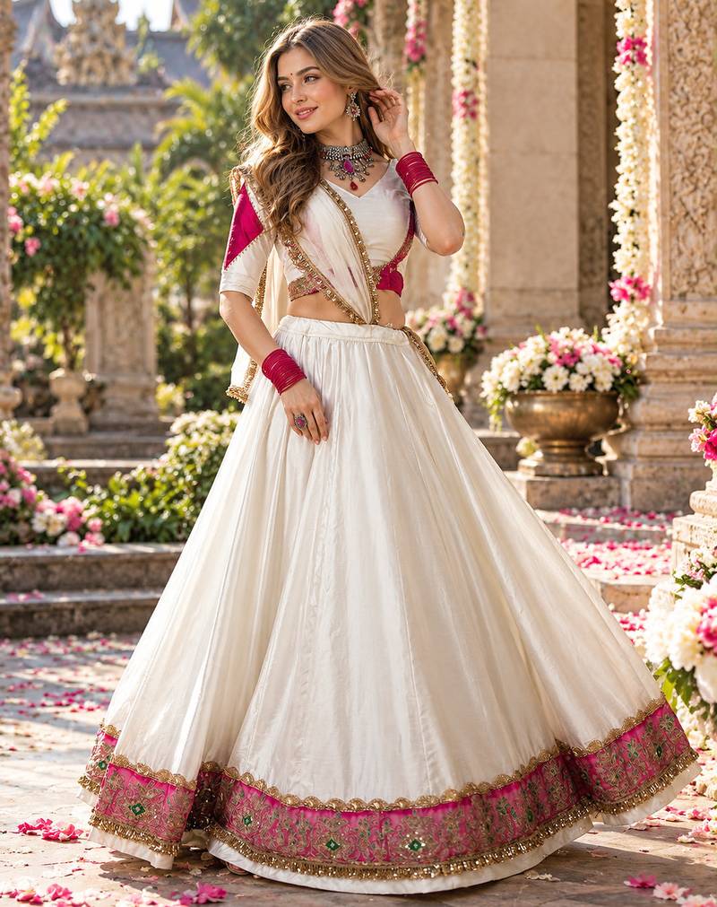 White Silk Blend Readymade Navratri Lehenga Choli Embroidery & Sequence Work