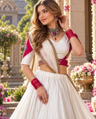 White Silk Blend Readymade Navratri Lehenga Choli Embroidery & Sequence Work 2
