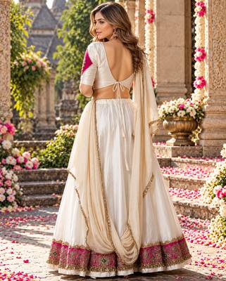 White Silk Blend Readymade Navratri Lehenga Choli Embroidery & Sequence Work 3