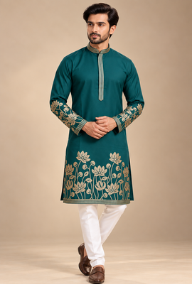 Green Color Embroidered Foil Gold Work Design Fabric Soft Silk Mens Ethnic Wear Festival Kurta Pajama Set 1