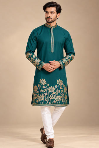 Green Color Embroidered Foil Gold Work Design Fabric Soft Silk Mens Ethnic Wear Festival Kurta Pajama Set