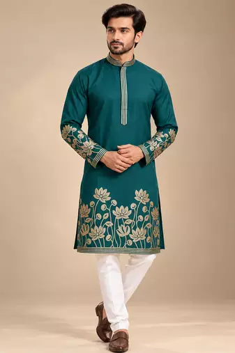 Green Color Embroidered Foil Gold Work Design Fabric Soft Silk Mens Ethnic Wear Festival Kurta Pajama Set