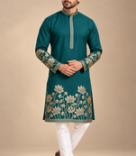 Green Color Embroidered Foil Gold Work Design Fabric Soft Silk Mens Ethnic Wear Festival Kurta Pajama Set