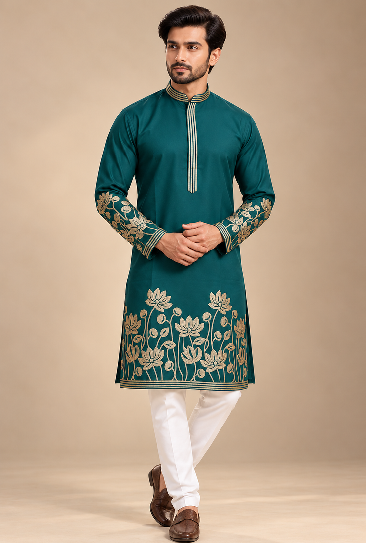 Green Color Embroidered Foil Gold Work Design Fabric Soft Silk Mens Ethnic Wear Festival Kurta Pajama Set