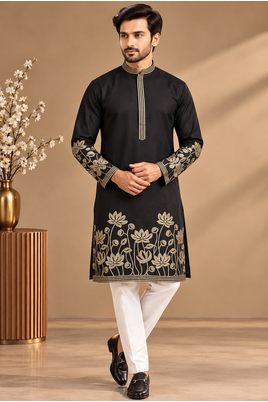 Black Color Embroidered Foil Gold Work Design Fabric Soft Silk Mens Ethnic Wear Festival Kurta Pajama Set 1