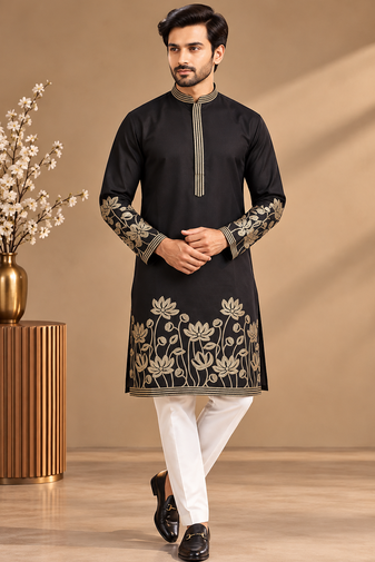 Black Color Embroidered Foil Gold Work Design Fabric Soft Silk Mens Ethnic Wear Festival Kurta Pajama Set