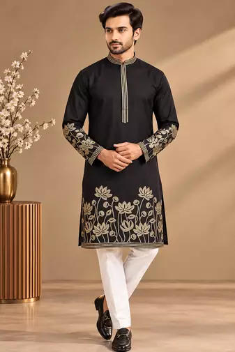 Black Color Embroidered Foil Gold Work Design Fabric Soft Silk Mens Ethnic Wear Festival Kurta Pajama Set