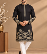 Black Color Embroidered Foil Gold Work Design Fabric Soft Silk Mens Ethnic Wear Festival Kurta Pajama Set