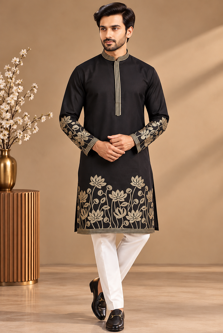 Black Color Embroidered Foil Gold Work Design Fabric Soft Silk Mens Ethnic Wear Festival Kurta Pajama Set