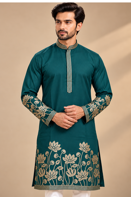 Green Color Embroidered Foil Gold Work Design Fabric Soft Silk Mens Ethnic Wear Festival Kurta Pajama Set 2