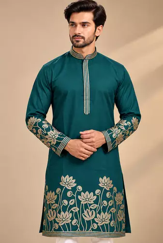 Green Color Embroidered Foil Gold Work Design Fabric Soft Silk Mens Ethnic Wear Festival Kurta Pajama Set