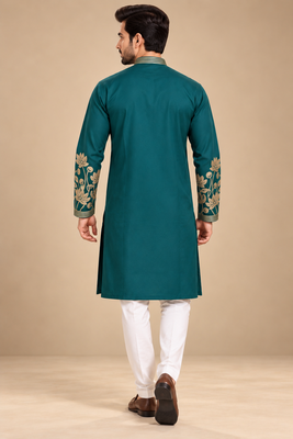 Green Color Embroidered Foil Gold Work Design Fabric Soft Silk Mens Ethnic Wear Festival Kurta Pajama Set 3