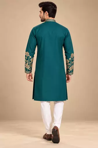 Green Color Embroidered Foil Gold Work Design Fabric Soft Silk Mens Ethnic Wear Festival Kurta Pajama Set