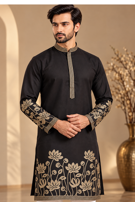 Black Color Embroidered Foil Gold Work Design Fabric Soft Silk Mens Ethnic Wear Festival Kurta Pajama Set 2