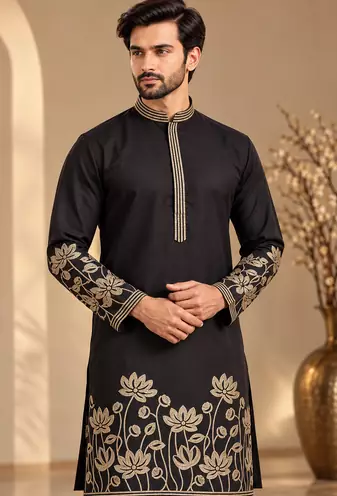 Black Color Embroidered Foil Gold Work Design Fabric Soft Silk Mens Ethnic Wear Festival Kurta Pajama Set