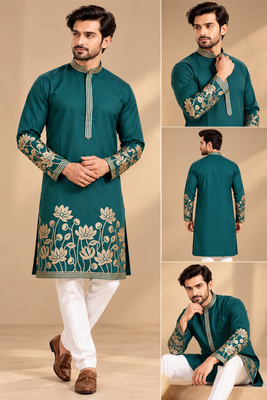 Green Color Embroidered Foil Gold Work Design Fabric Soft Silk Mens Ethnic Wear Festival Kurta Pajama Set 4