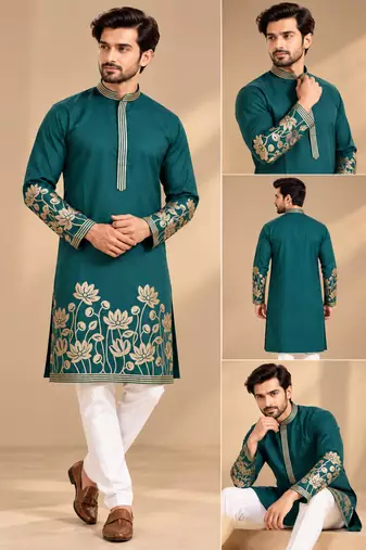 Green Color Embroidered Foil Gold Work Design Fabric Soft Silk Mens Ethnic Wear Festival Kurta Pajama Set