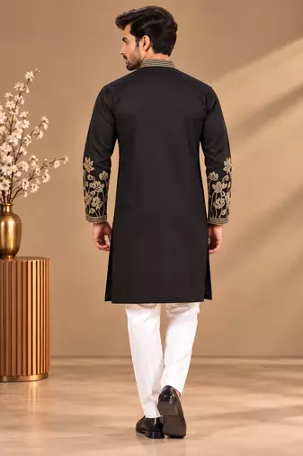 Black Color Embroidered Foil Gold Work Design Fabric Soft Silk Mens Ethnic Wear Festival Kurta Pajama Set