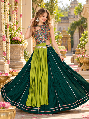 D Green Cotton Readymade Navratri Lehenga Choli with Embroidery & Thread Work 1