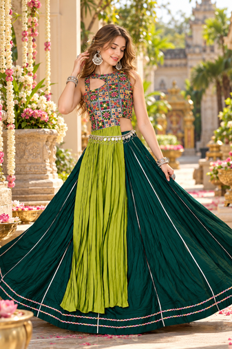 D Green Cotton Readymade Navratri Lehenga Choli with Embroidery & Thread Work