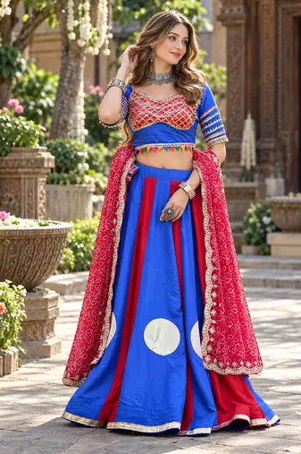 Blue&Red Cotton Readymade Navratri Lehenga Choli with Bandhej & Lace Work
