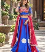 Blue&Red Cotton Readymade Navratri Lehenga Choli with Bandhej & Lace Work
