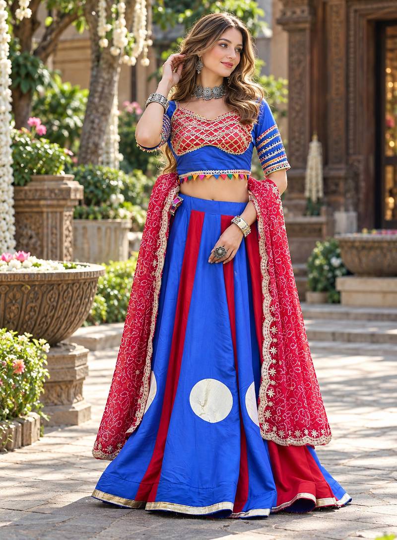 Blue&Red Cotton Readymade Navratri Lehenga Choli with Bandhej & Lace Work