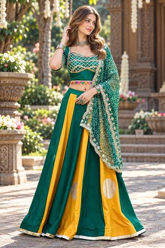Emerald&Mustard Cotton Readymade Navratri Lehenga Choli with Bandhej Lace Work