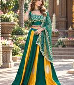 Emerald&Mustard Cotton Readymade Navratri Lehenga Choli with Bandhej Lace Work