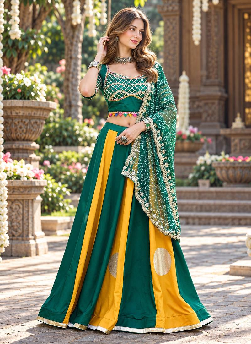 Emerald&Mustard Cotton Readymade Navratri Lehenga Choli with Bandhej Lace Work