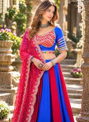 Blue&Red Cotton Readymade Navratri Lehenga Choli with Bandhej & Lace Work 2