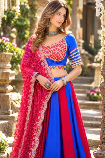 Blue&Red Cotton Readymade Navratri Lehenga Choli with Bandhej & Lace Work