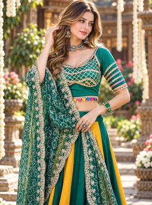 Emerald&Mustard Cotton Readymade Navratri Lehenga Choli with Bandhej Lace Work 2
